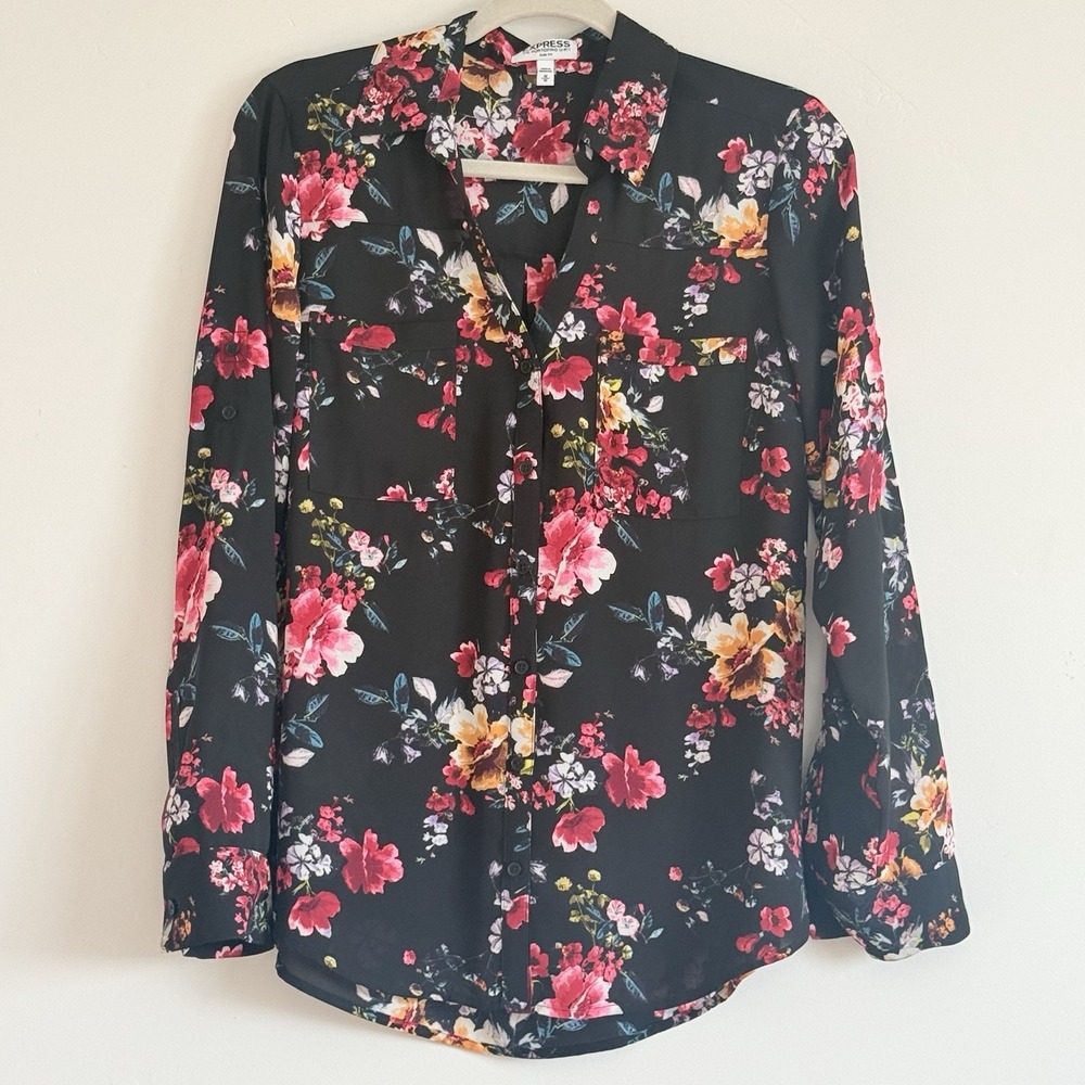 Express Portofino Shirt Women M Slim Fit Moody Floral Dark Romantic Garden